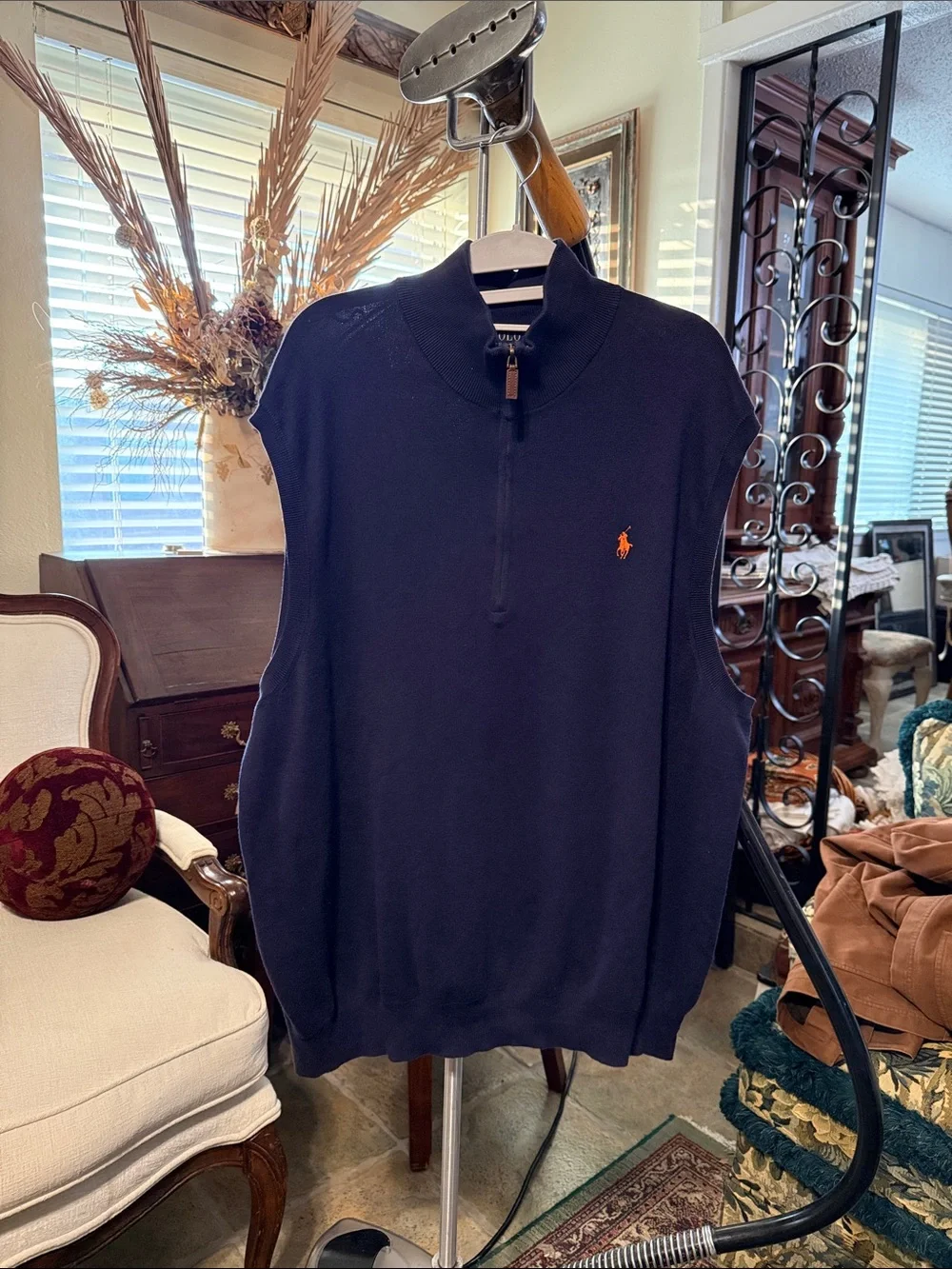 Polo by Ralph Lauren Navy Zip Mock-Neck Sweater Vest with Orange Pony